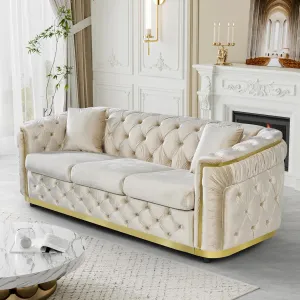Chesterfield Sofa, Beige and Gold Sofa 86.5" Velvet Couch Luxury Couches for Living Room, Tufted Sofas with Gold Legs and 2 Loveseat Couch Pillows
