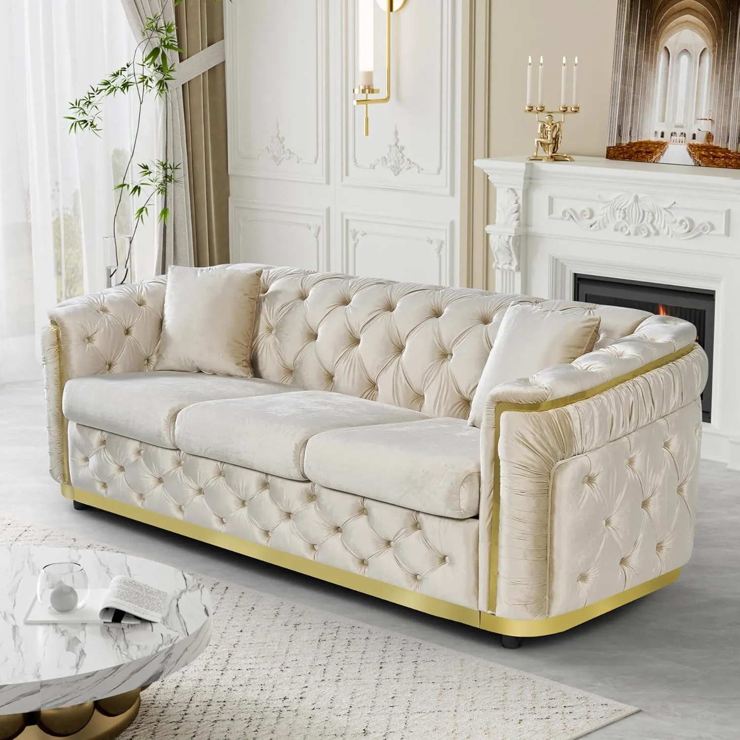 Chesterfield Sofa, Beige and Gold Sofa 86.5" Velvet Couch Luxury Couches for Living Room, Tufted Sofas with Gold Legs and 2 Loveseat Couch Pillows