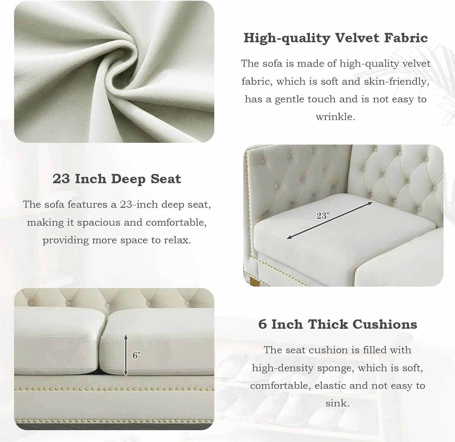 Chesterfield Sofa,Oversized Velvet Sofa Couch,3 Seater Deep Seat Sofa,Modern Sofa Chair with Button Nailhead,Upholstered Futon Couches,Furniture for Living Room,Bedroom,Office(Beige)