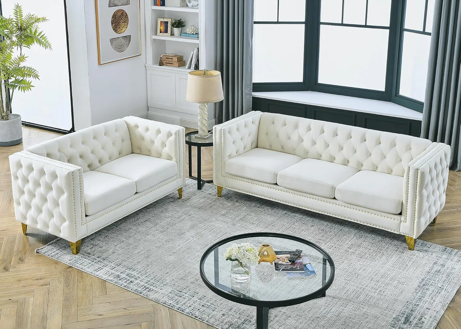Chesterfield Sofa,Oversized Velvet Sofa Couch,3 Seater Deep Seat Sofa,Modern Sofa Chair with Button Nailhead,Upholstered Futon Couches,Furniture for Living Room,Bedroom,Office(Beige)