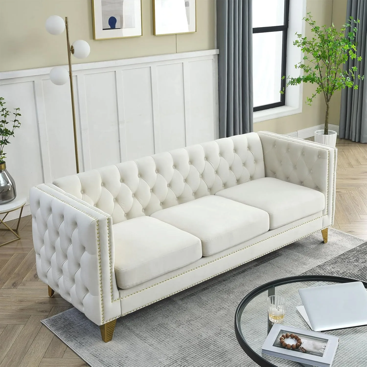 Chesterfield Sofa,Oversized Velvet Sofa Couch,3 Seater Deep Seat Sofa,Modern Sofa Chair with Button Nailhead,Upholstered Futon Couches,Furniture for Living Room,Bedroom,Office(Beige)