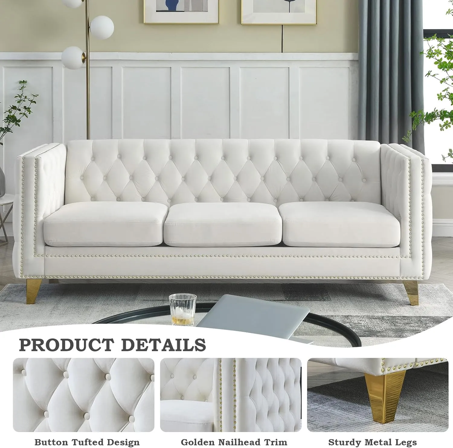 Chesterfield Sofa,Oversized Velvet Sofa Couch,3 Seater Deep Seat Sofa,Modern Sofa Chair with Button Nailhead,Upholstered Futon Couches,Furniture for Living Room,Bedroom,Office(Beige)