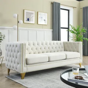 Chesterfield Sofa,Oversized Velvet Sofa Couch,3 Seater Deep Seat Sofa,Modern Sofa Chair with Button Nailhead,Upholstered Futon Couches,Furniture for Living Room,Bedroom,Office(Beige)