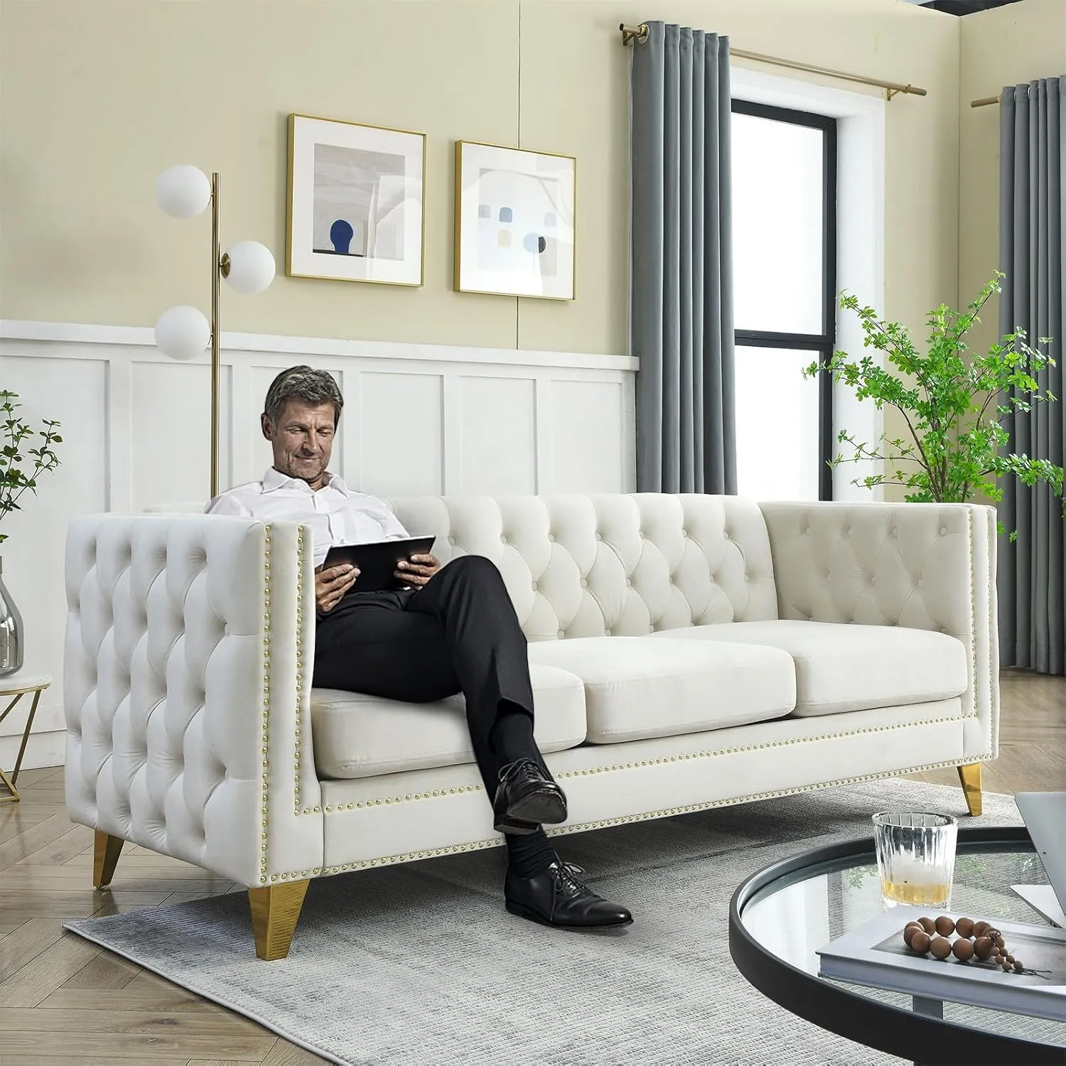 Chesterfield Sofa,Oversized Velvet Sofa Couch,3 Seater Deep Seat Sofa,Modern Sofa Chair with Button Nailhead,Upholstered Futon Couches,Furniture for Living Room,Bedroom,Office(Beige)