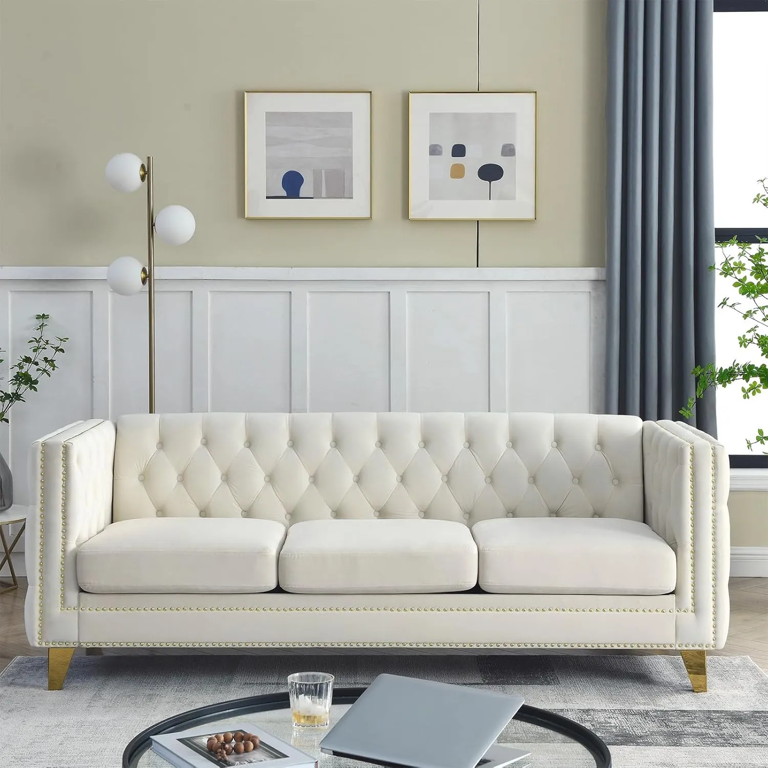 Chesterfield Sofa,Oversized Velvet Sofa Couch,3 Seater Deep Seat Sofa,Modern Sofa Chair with Button Nailhead,Upholstered Futon Couches,Furniture for Living Room,Bedroom,Office(Beige)