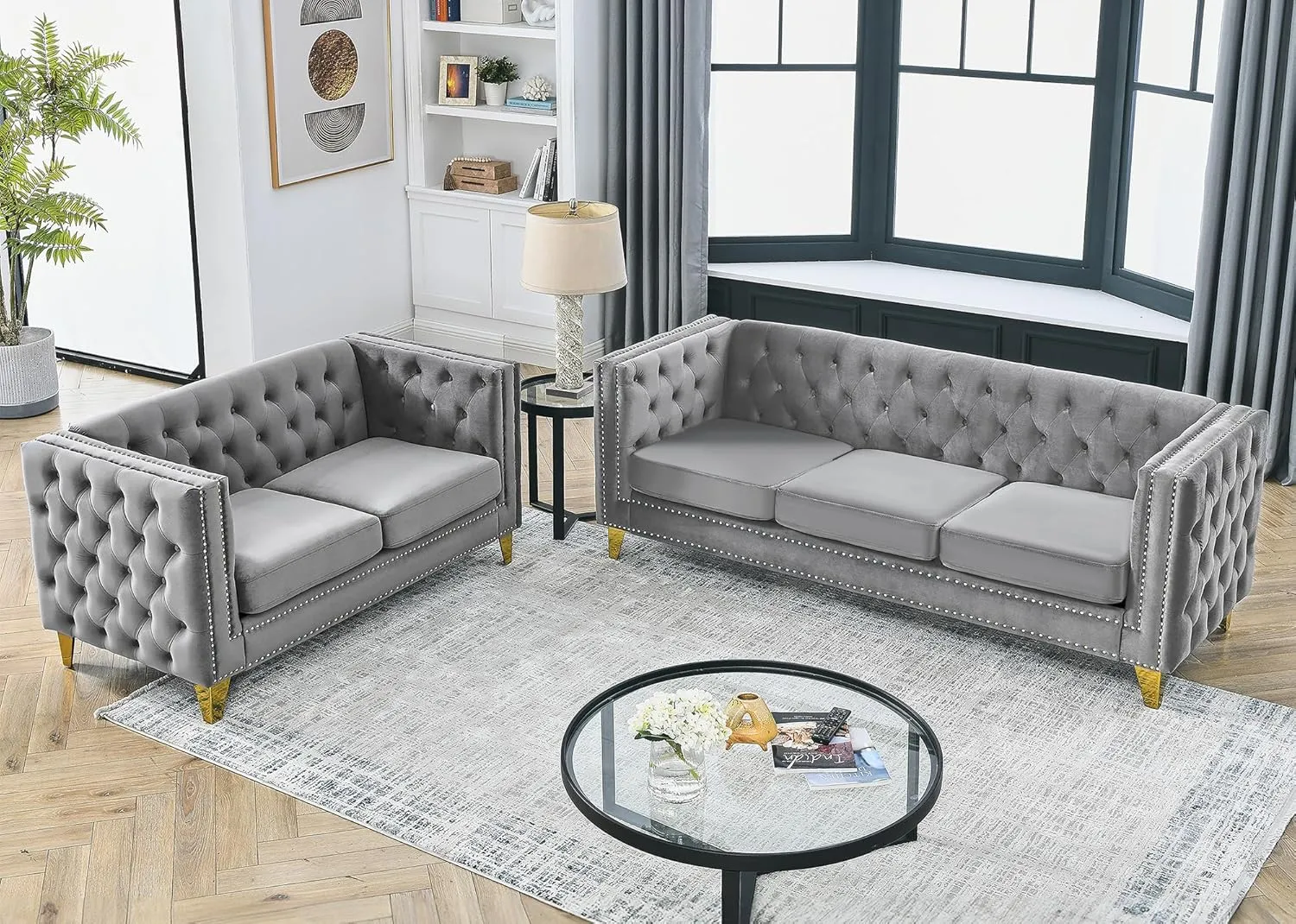 Chesterfield Sofa,Oversized Velvet Sofa Couch,Deep Seat 3 Seater Sofa,Modern Sofa Chair with Button Nailhead,Upholstered Futon Couches,Furniture for Living Room,Bedroom,Office(Grey)