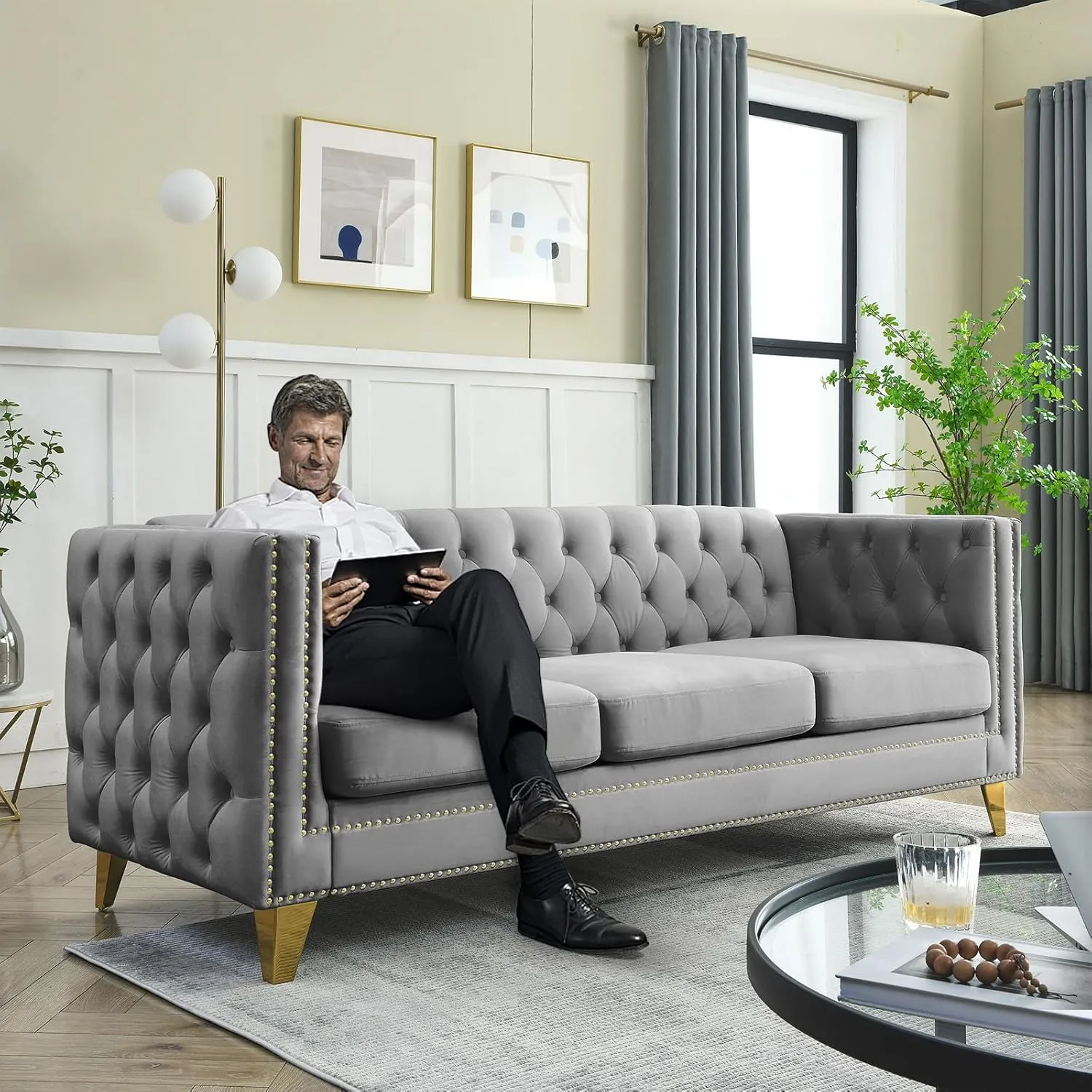 Chesterfield Sofa,Oversized Velvet Sofa Couch,Deep Seat 3 Seater Sofa,Modern Sofa Chair with Button Nailhead,Upholstered Futon Couches,Furniture for Living Room,Bedroom,Office(Grey)