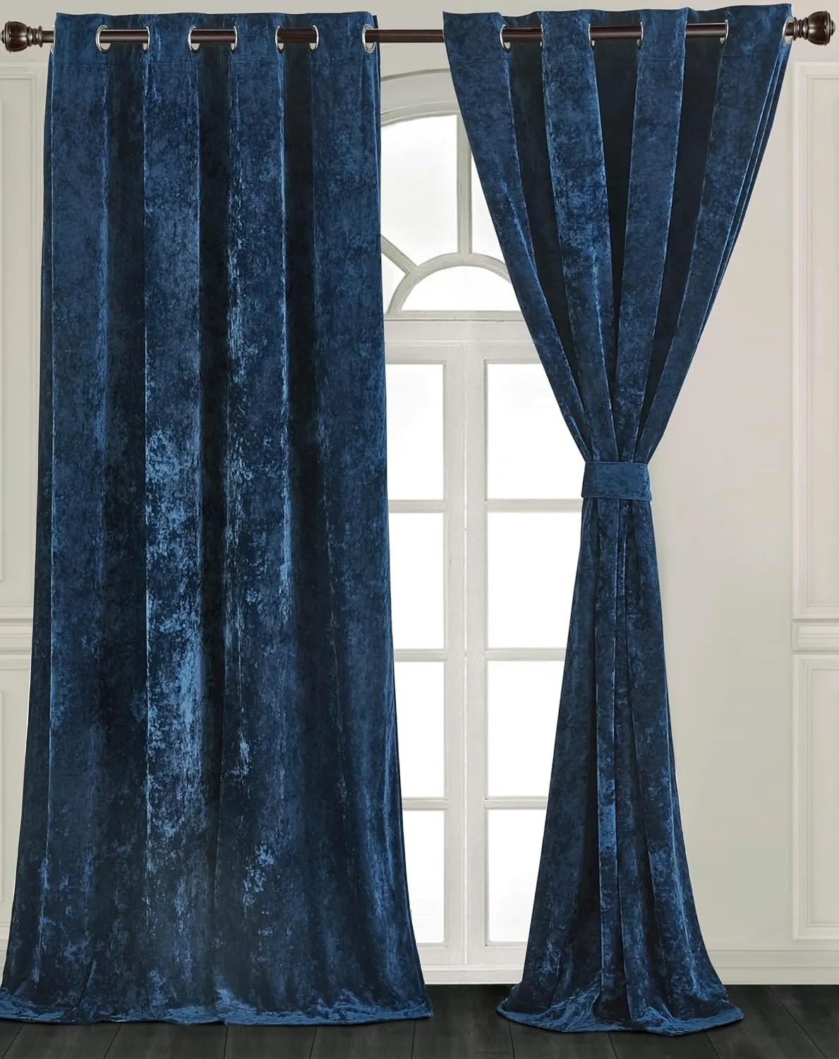 Chezmoi Collection Lux Navy Blue Crushed Velvet Curtains, 2 Panel Set, Room Darkening Distressed Velvet Grommet Top Curtain, 50" W x 96" L for Living Room Bedroom Window Drapes