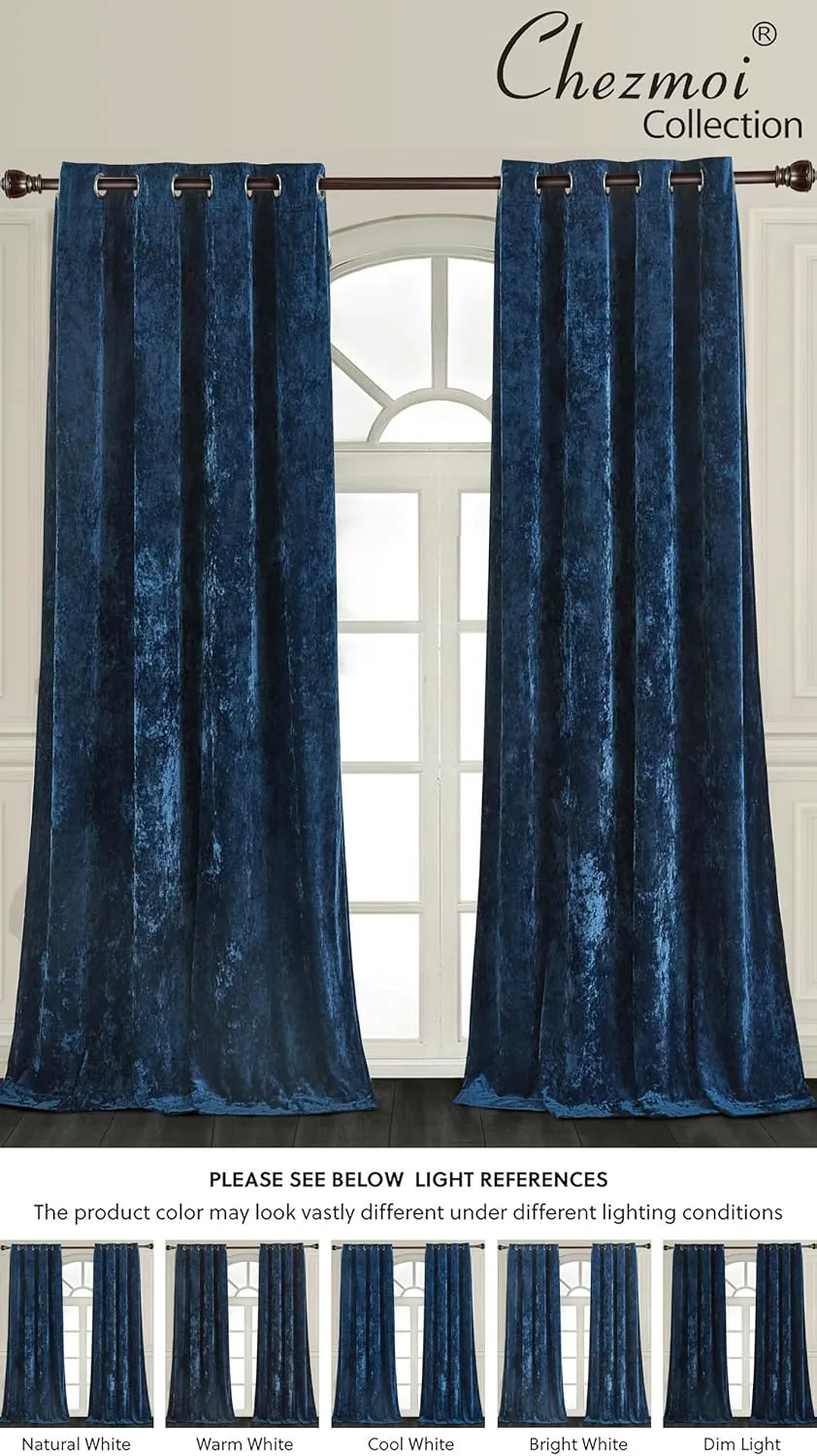 Chezmoi Collection Lux Navy Blue Crushed Velvet Curtains, 2 Panel Set, Room Darkening Distressed Velvet Grommet Top Curtain, 50" W x 96" L for Living Room Bedroom Window Drapes