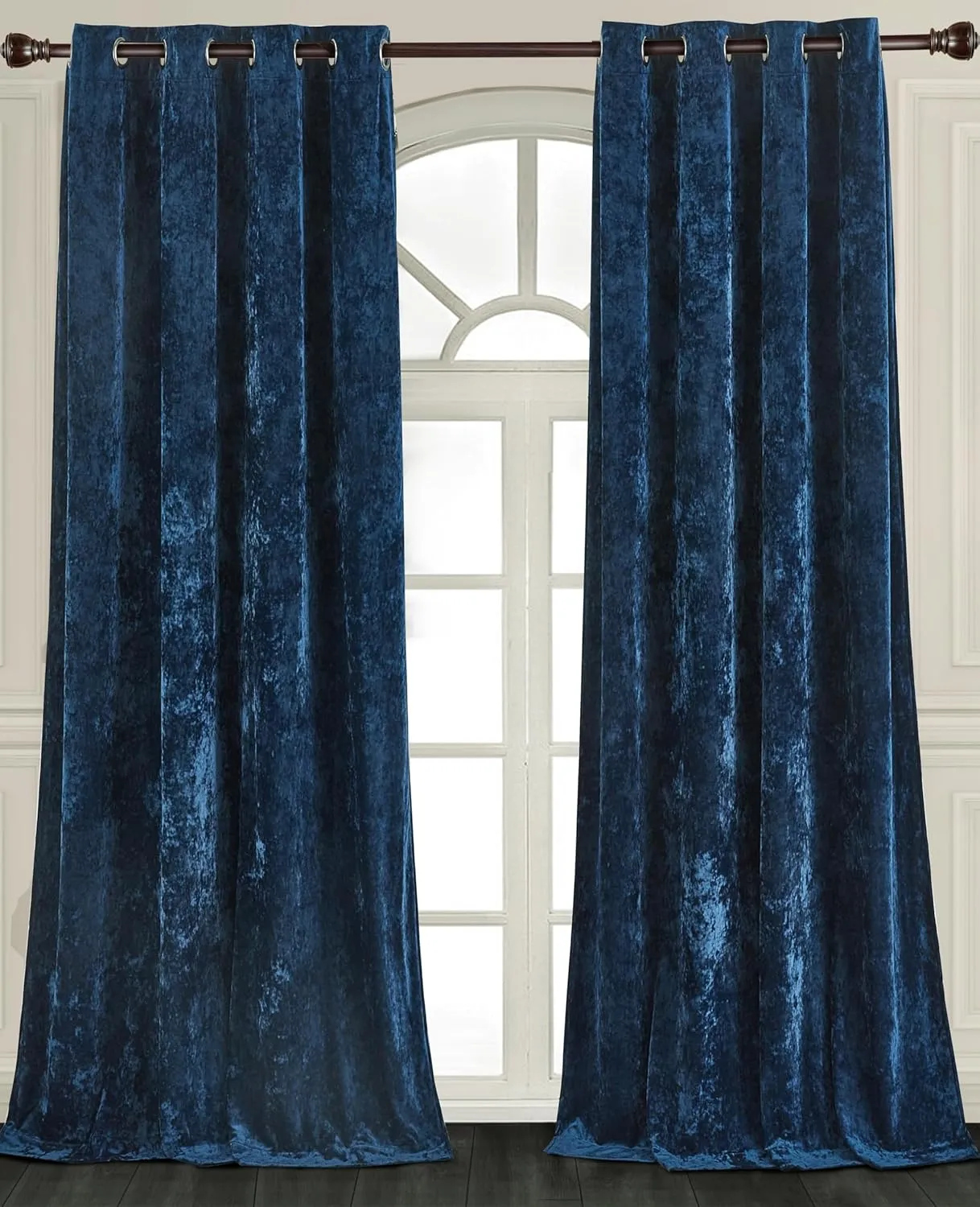 Chezmoi Collection Lux Navy Blue Crushed Velvet Curtains, 2 Panel Set, Room Darkening Distressed Velvet Grommet Top Curtain, 50" W x 96" L for Living Room Bedroom Window Drapes