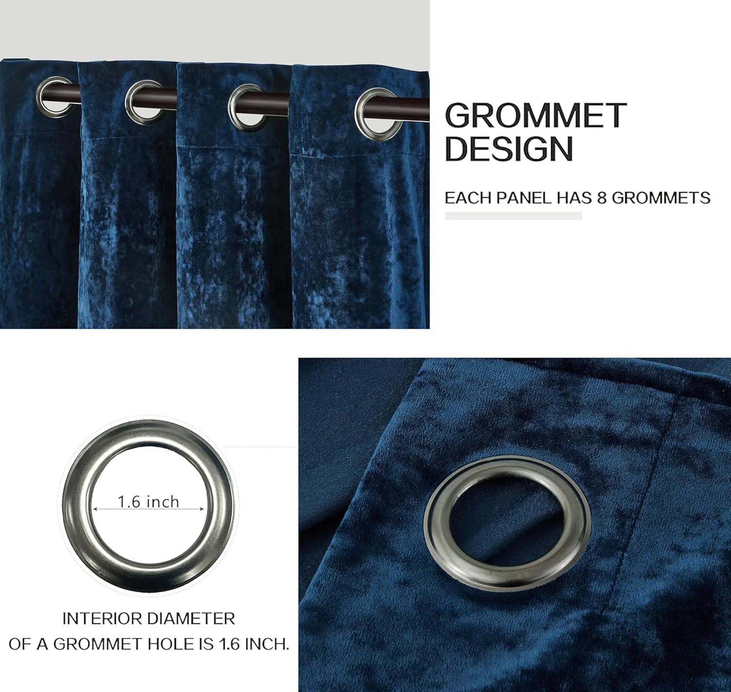 Chezmoi Collection Lux Navy Blue Crushed Velvet Curtains, 2 Panel Set, Room Darkening Distressed Velvet Grommet Top Curtain, 50" W x 96" L for Living Room Bedroom Window Drapes