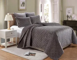 Chezmoi Collection Nina 3-Piece Premium Heavy Velvet Quilt Set Modern Diamond Pattern Bedspread Coverlet Set (Queen, Gray)
