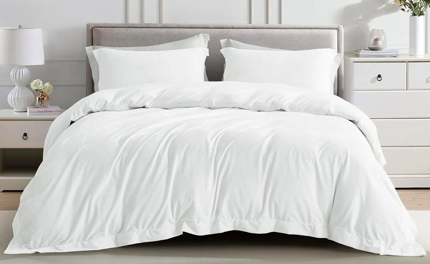 Chezmoi Collection Piers 3-Piece Cream White Distressed Velvet Duvet Cover Set Queen Size with Button Closure and 8 Corner Ties, Soft Washed Microfiber Reverse Comforter Cover