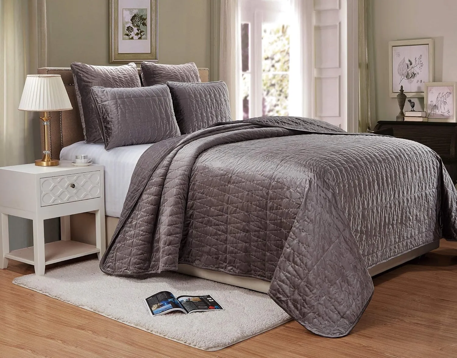Chezmoi Collection Sheila 3-Piece Premium Heavy Velvet Quilt Set Modern Diamond Pattern Bedspread Coverlet Set (Queen, Gray)