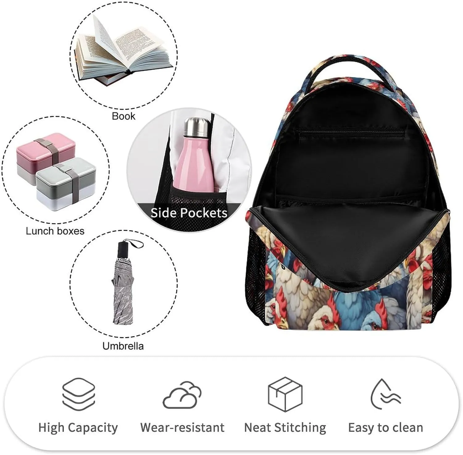 Chicken Backpack for Kids Girls Boys School, 16 Inches Cute Chicken Theme Bookbag, Adjustable, Lightweight, Large Capacity, Colorful Chicken Backpack for School