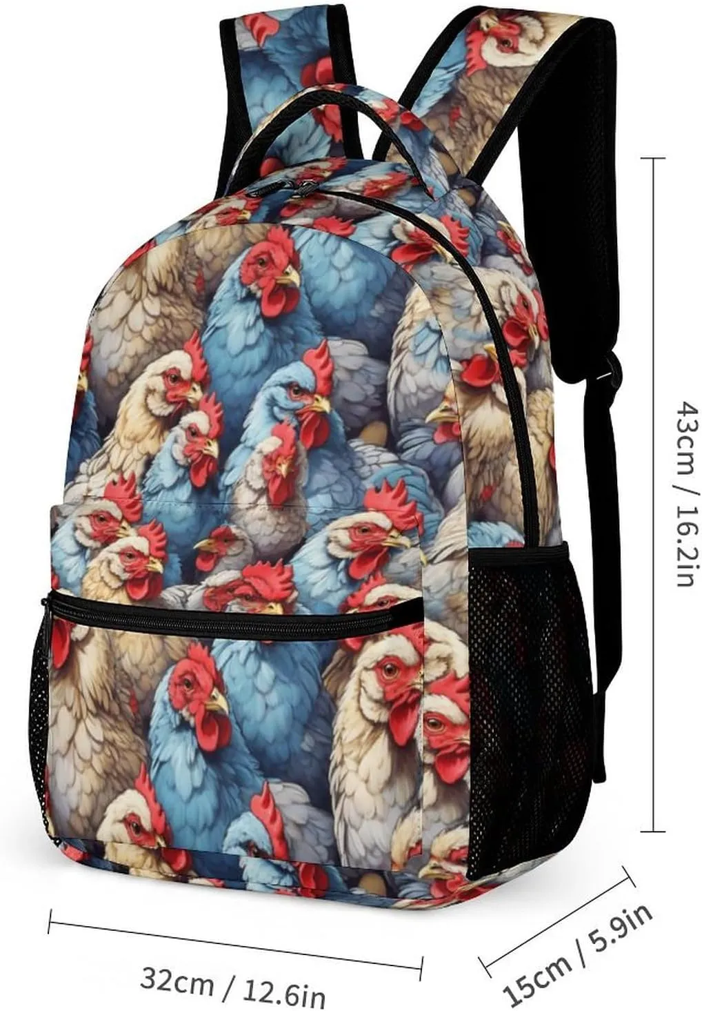 Chicken Backpack for Kids Girls Boys School, 16 Inches Cute Chicken Theme Bookbag, Adjustable, Lightweight, Large Capacity, Colorful Chicken Backpack for School