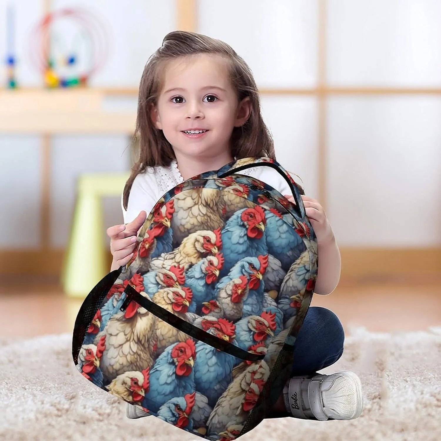 Chicken Backpack for Kids Girls Boys School, 16 Inches Cute Chicken Theme Bookbag, Adjustable, Lightweight, Large Capacity, Colorful Chicken Backpack for School