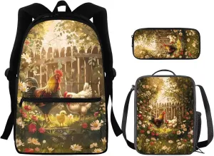 Chicken Backpack Set for Boys 10-14 Large Capacity Bookbag Leakproof Portable Lunch Bag Mini Penil Case for Outdoor Sport Travel Picnic