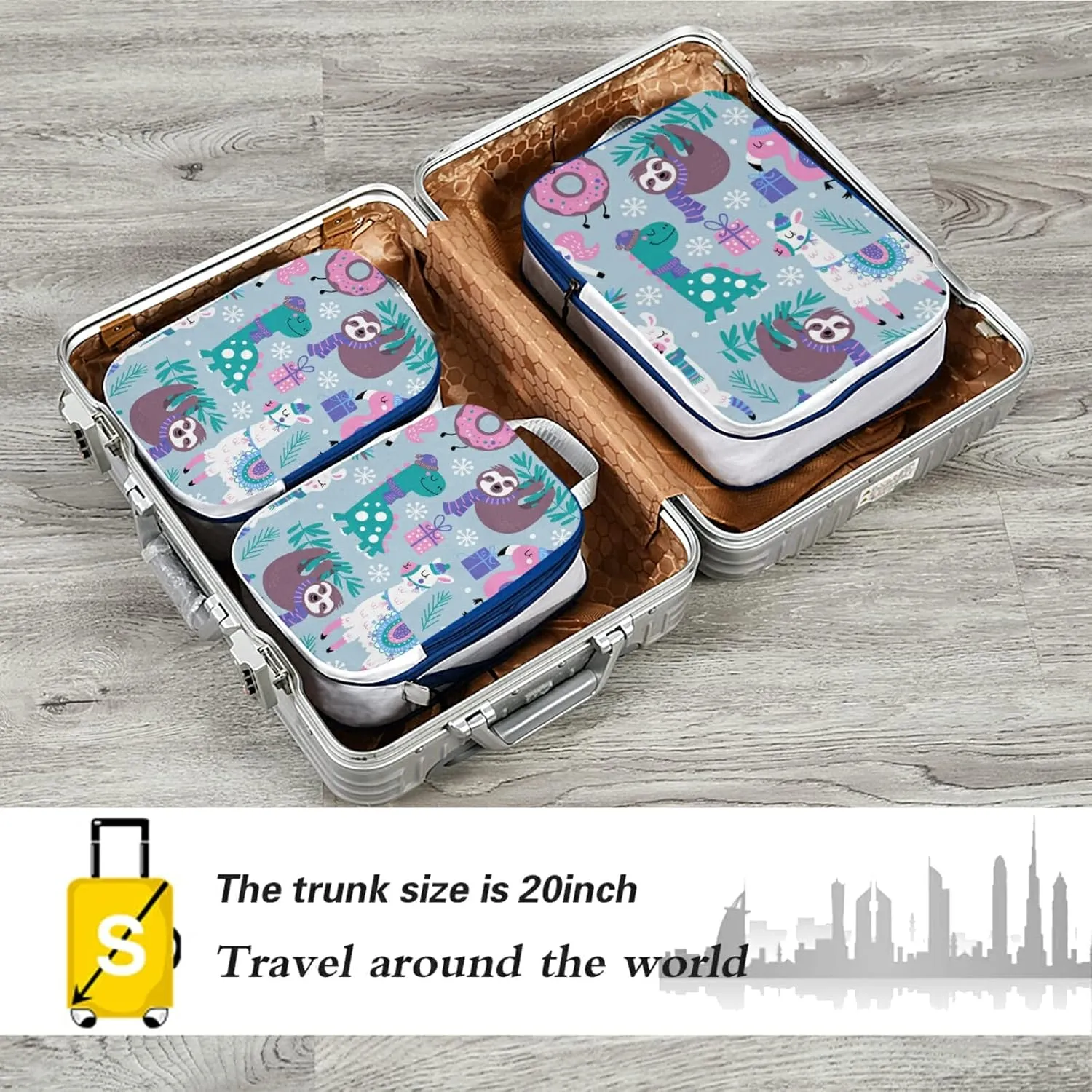 Childish Dinosaur Llama Flamingo Sloth Leaves White Snowflakes 3 Piece set Cubes Expandable Adjustable Luggage Packing Bags, Ultralight Organizer Accessories Travel Suitcase Compressible Bags