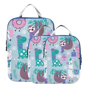 Childish Dinosaur Llama Flamingo Sloth Leaves White Snowflakes 3 Piece set Cubes Expandable Adjustable Luggage Packing Bags, Ultralight Organizer Accessories Travel Suitcase Compressible Bags
