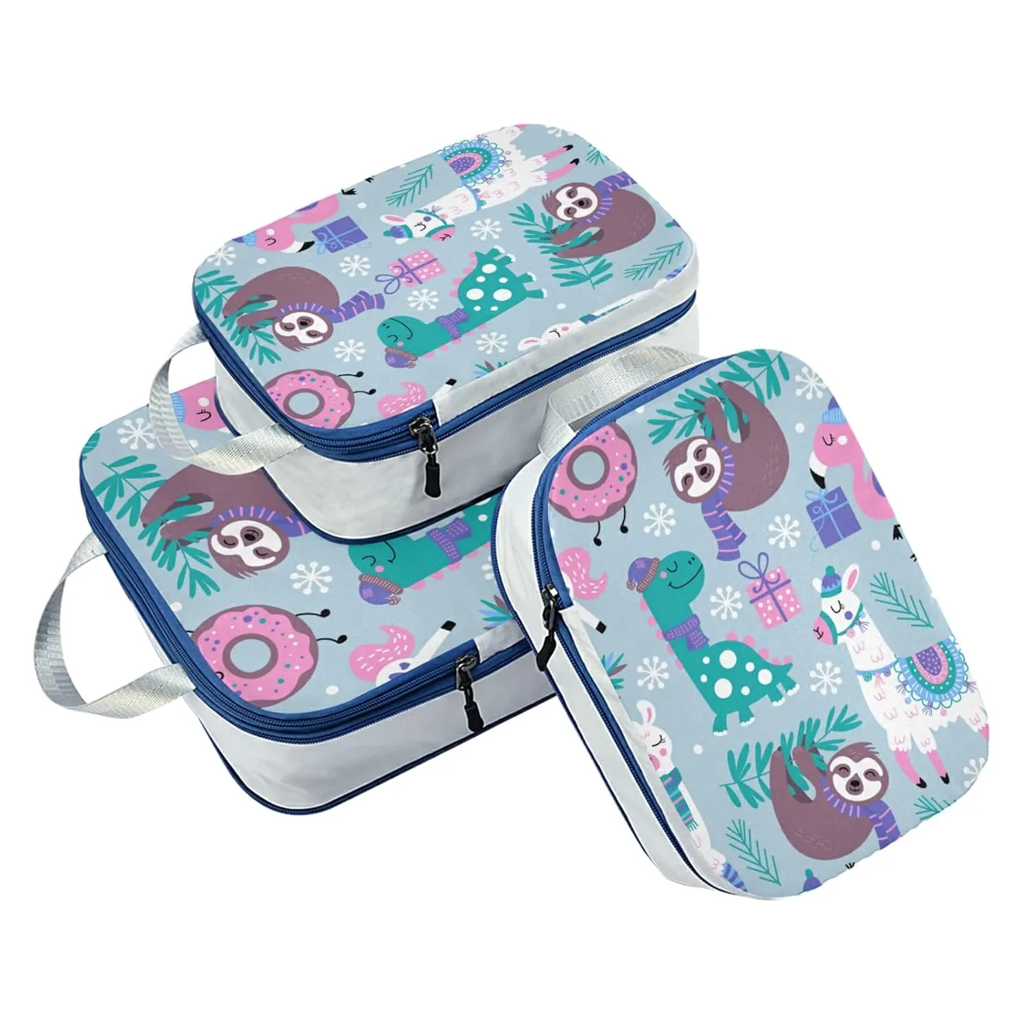 Childish Dinosaur Llama Flamingo Sloth Leaves White Snowflakes 3 Piece set Cubes Expandable Adjustable Luggage Packing Bags, Ultralight Organizer Accessories Travel Suitcase Compressible Bags