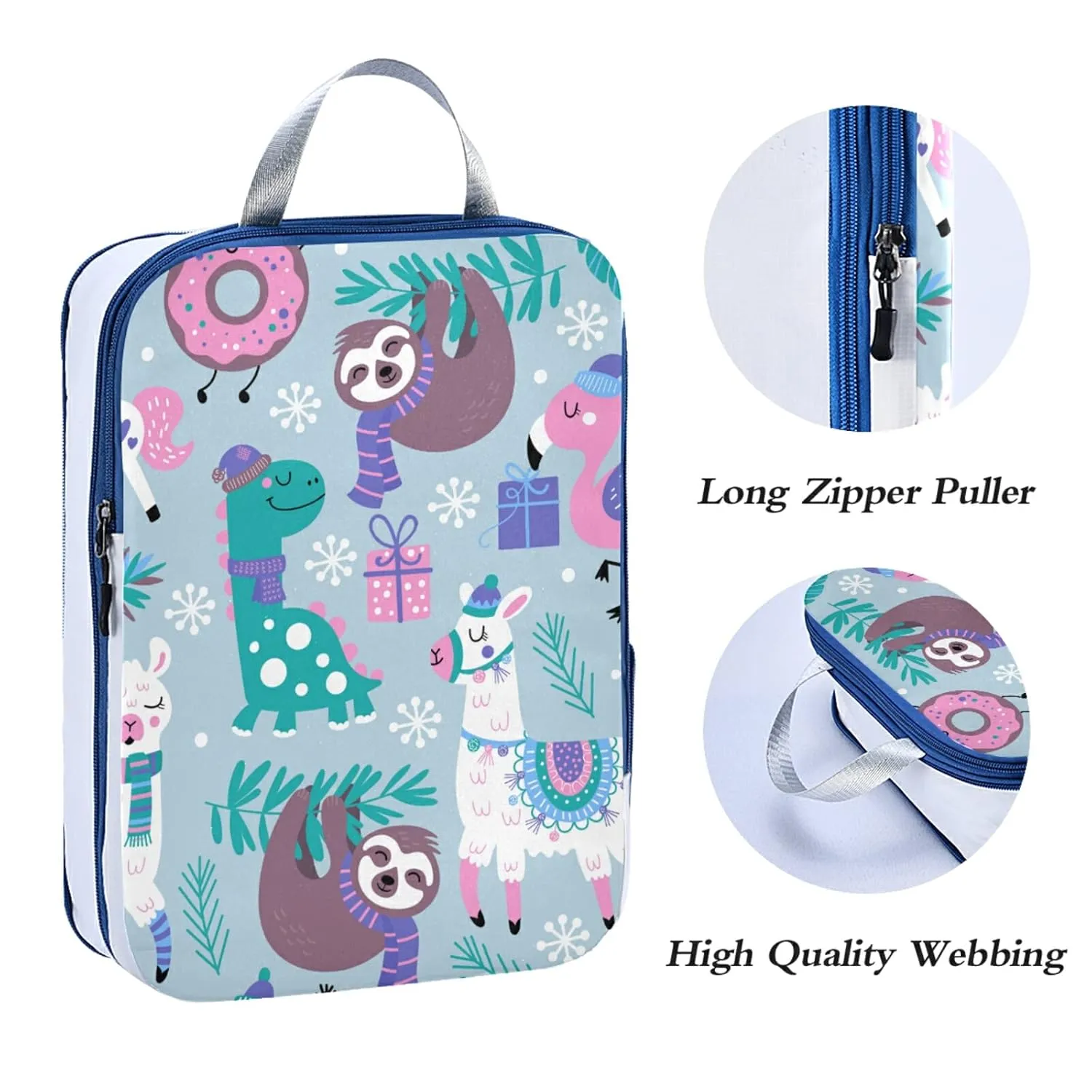 Childish Dinosaur Llama Flamingo Sloth Leaves White Snowflakes 3 Piece set Cubes Expandable Adjustable Luggage Packing Bags, Ultralight Organizer Accessories Travel Suitcase Compressible Bags