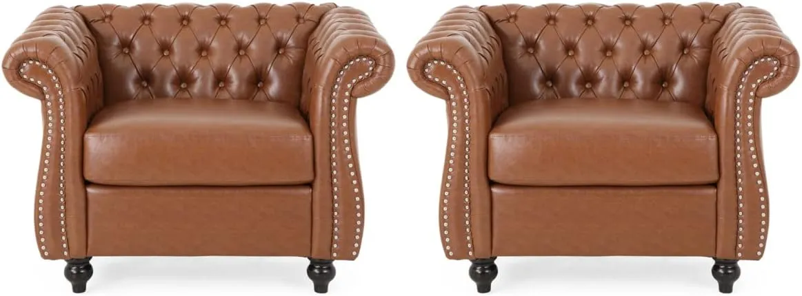 Christopher Knight Home Editha Traditional Chesterfield Club Chairs (Set of 2), Faux Leather, Cognac Brown, Dark Brown