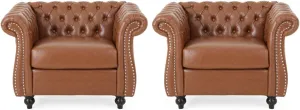 Christopher Knight Home Editha Traditional Chesterfield Club Chairs (Set of 2), Faux Leather, Cognac Brown, Dark Brown