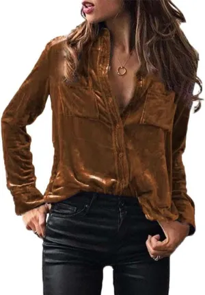 Chvity Velvet Tops for Women Vintage Long Sleeve Button Down Shirts Blouse for Pocket