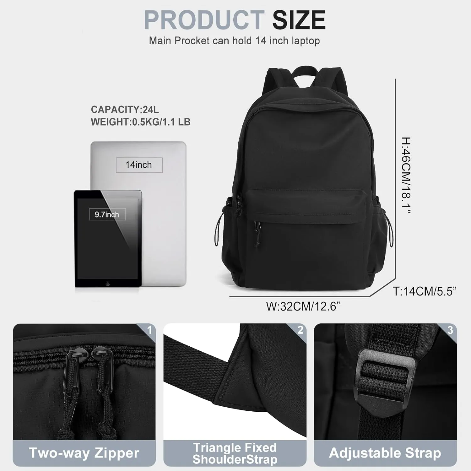 Classic Basic Black Backpack For Women,Waterproof High School Bookbag,Lightweight Casual Travel Daypack,College Backpack Men,Middle School Bag For Girls Boys