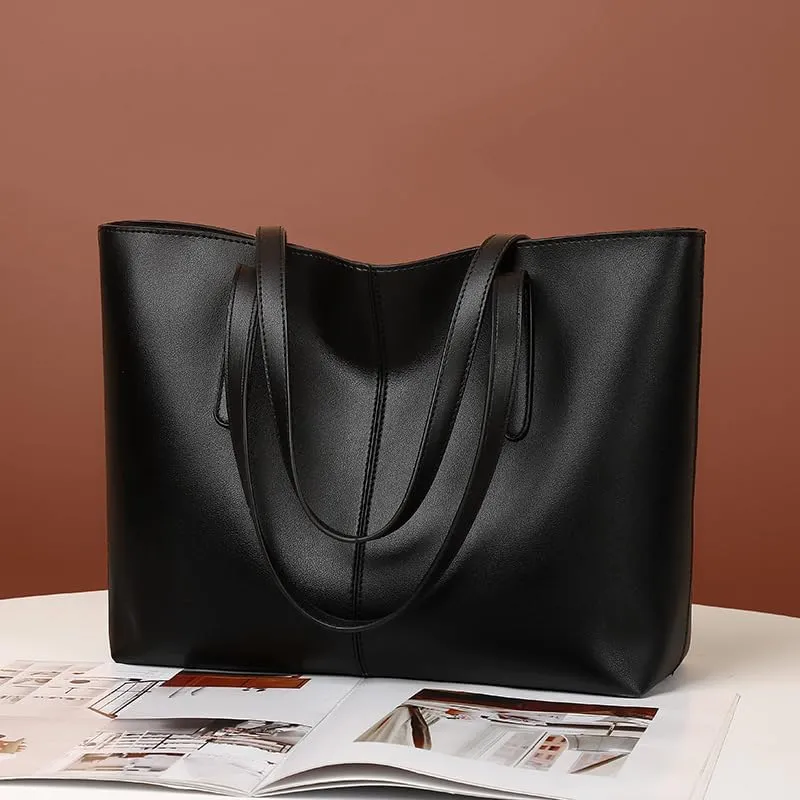 Classic Leather Tote Bag, Large Capacity Shoulder Handbag for Women, Available in Black, Green, Red, Silver