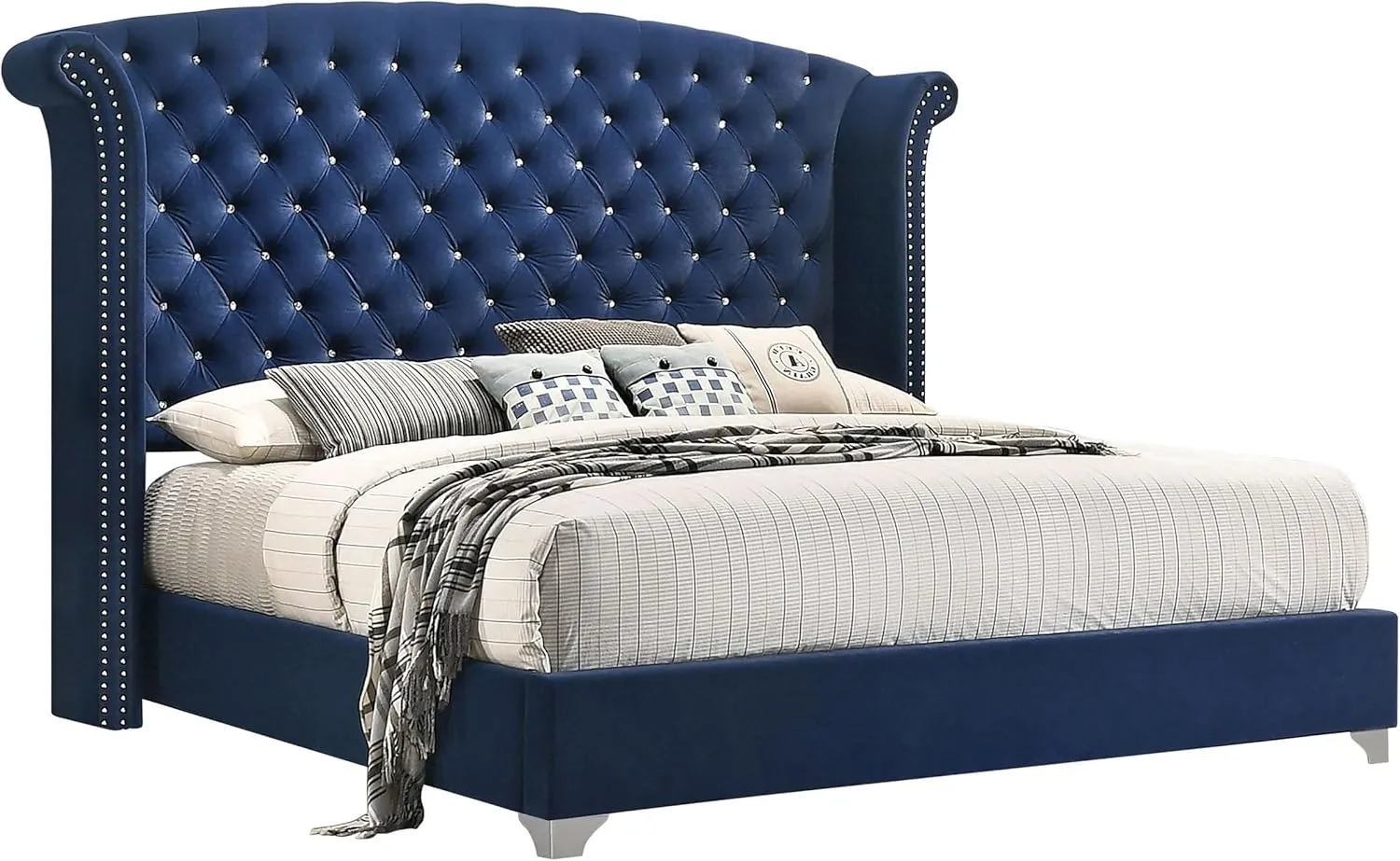 Coaster Home Furnishings Melody Modern Classic Velvet Upholstered Eastern King Size Wingback Bed Frame 66-inch Headboard Pacific Blue 223371KE