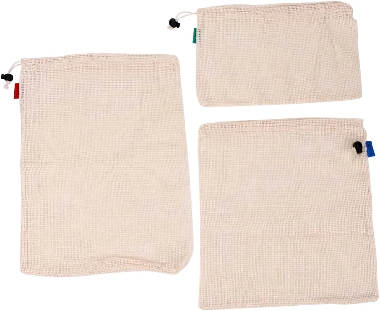 COLLBATH Travel-friendly Cotton Mesh Bags Fruit Vegetable Storage Drawstring Net Shopping Bags Lightweight (3 Sizes 43x30cm 35x30cm 20x30cm)