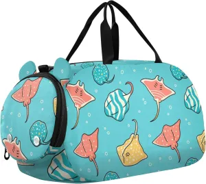 Colorful Cartoon Stingrays Fish Sports Duffle Bag for Girls Boys Kids, Gym Bag with Shoe Compartment, Kids Travel Overnight Weekender Shoulder Bag