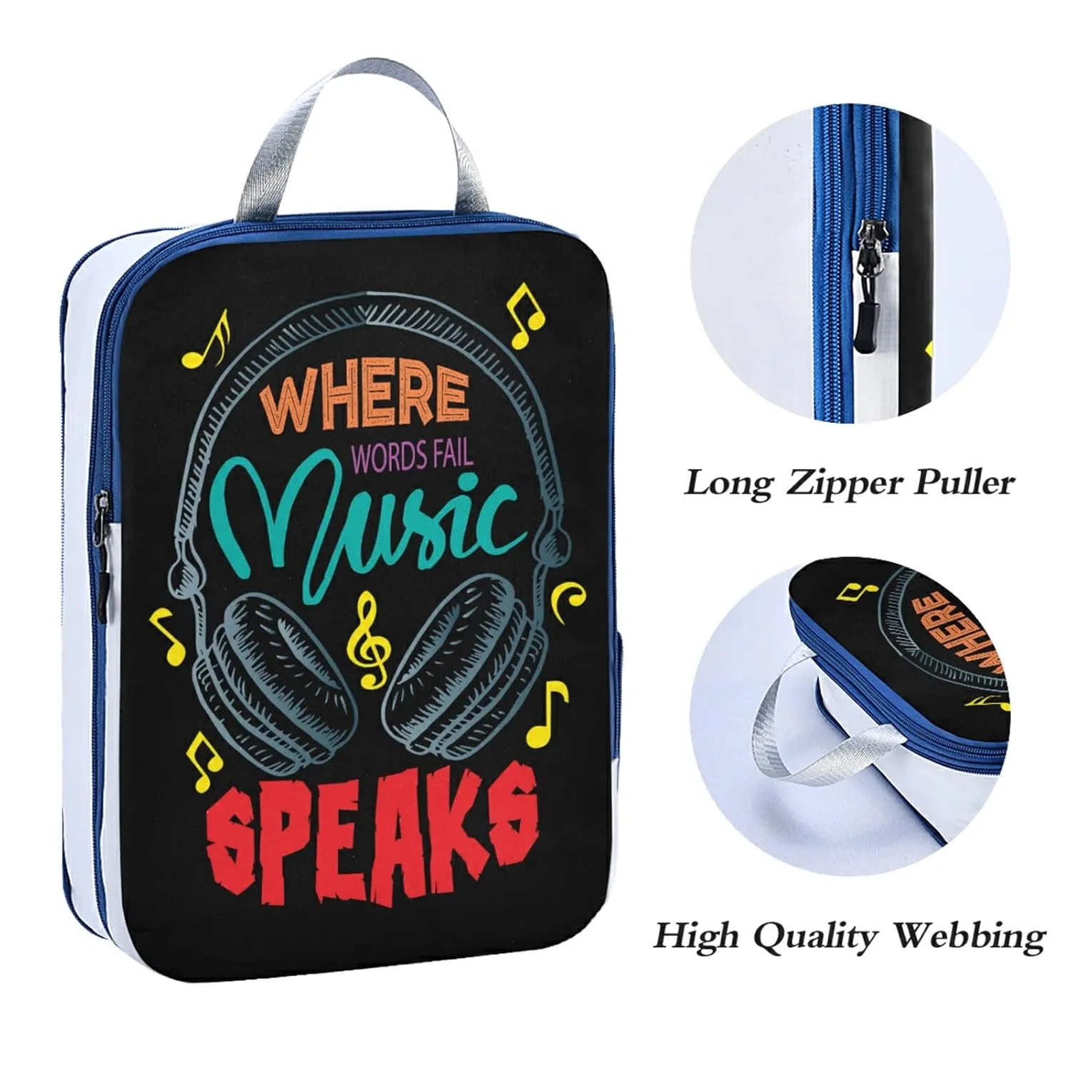 Colorful Earphone with Where Words Fail, Music Speaks on Black 3 Piece set Cubes Expandable Adjustable Luggage Packing Bags, Ultralight Organizer Accessories Travel Suitcase Compressible Bags