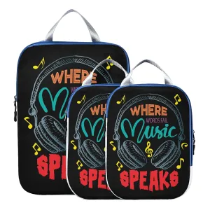 Colorful Earphone with Where Words Fail, Music Speaks on Black 3 Piece set Cubes Expandable Adjustable Luggage Packing Bags, Ultralight Organizer Accessories Travel Suitcase Compressible Bags
