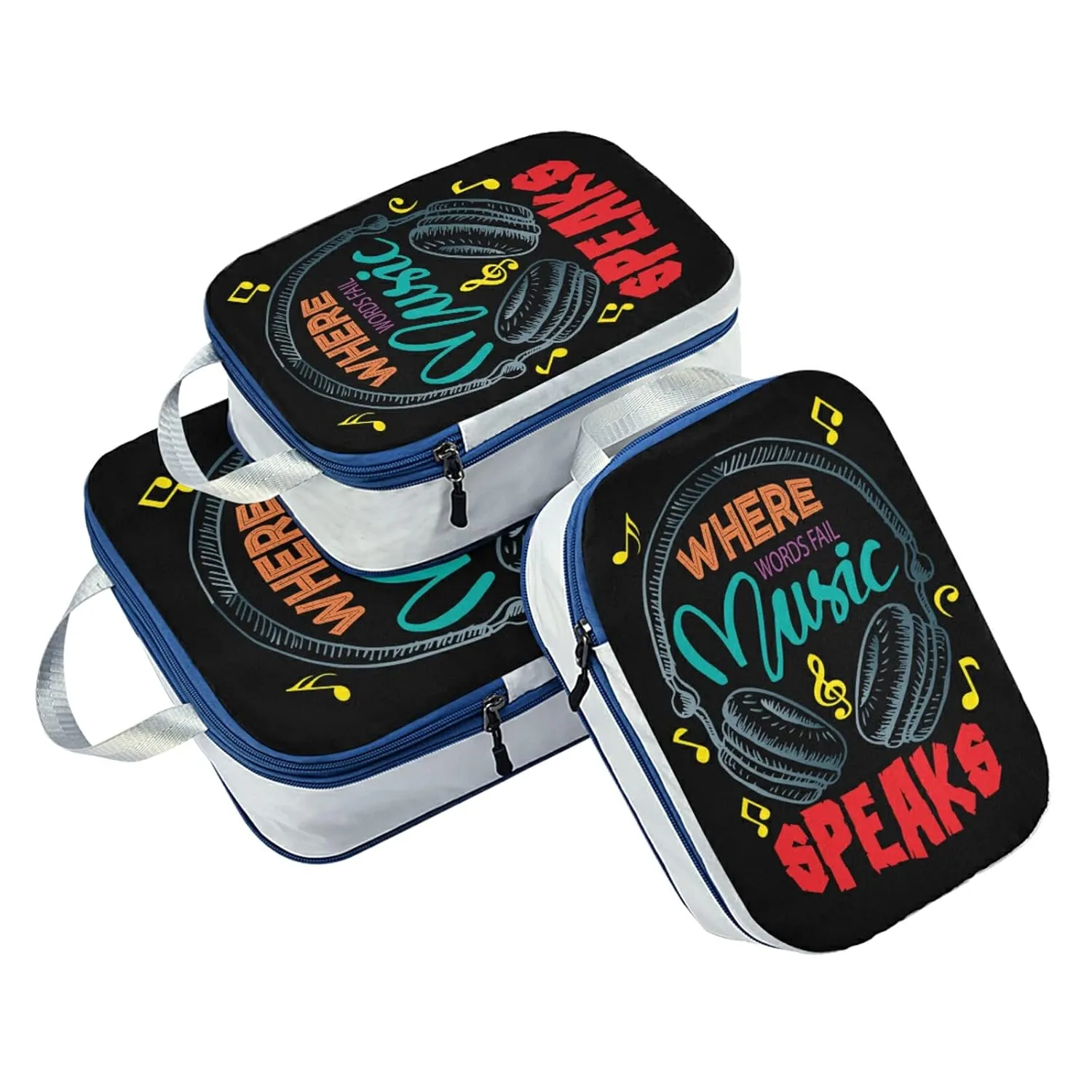 Colorful Earphone with Where Words Fail, Music Speaks on Black 3 Piece set Cubes Expandable Adjustable Luggage Packing Bags, Ultralight Organizer Accessories Travel Suitcase Compressible Bags