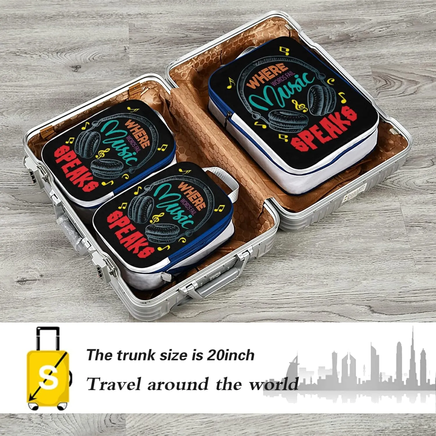 Colorful Earphone with Where Words Fail, Music Speaks on Black 3 Piece set Cubes Expandable Adjustable Luggage Packing Bags, Ultralight Organizer Accessories Travel Suitcase Compressible Bags
