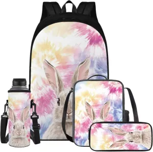 Colorful Rabbit Schoolbag Girls Elementary Backpack Girls 6Th Grade Large Capacity Shoulder Bag with Lunch Box Pencil Case Water Bottle Sleeve 4Pcs Set Bookbag for Camping Travel Sports