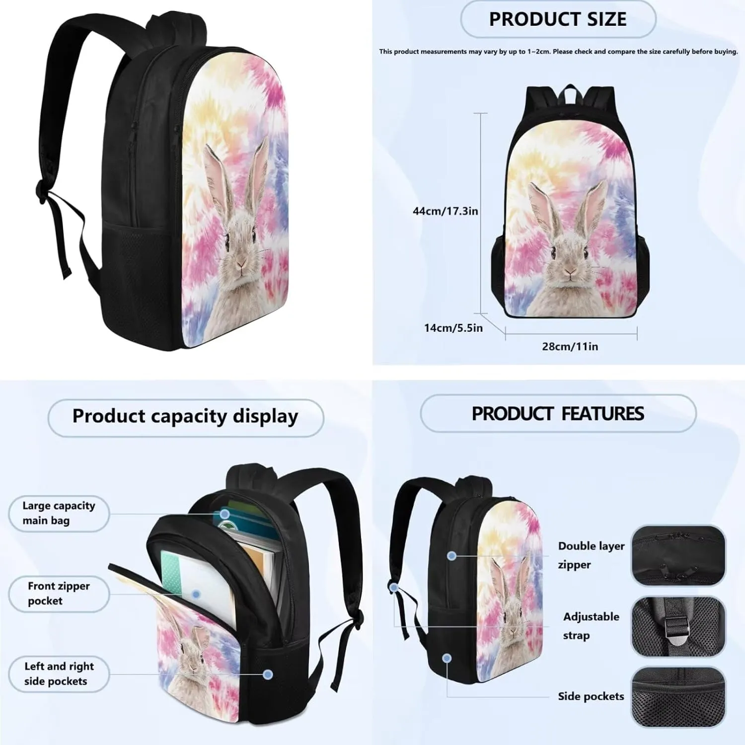 Colorful Rabbit Schoolbag Girls Elementary Backpack Girls 6Th Grade Large Capacity Shoulder Bag with Lunch Box Pencil Case Water Bottle Sleeve 4Pcs Set Bookbag for Camping Travel Sports