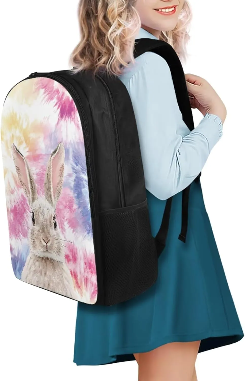 Colorful Rabbit Schoolbag Girls Elementary Backpack Girls 6Th Grade Large Capacity Shoulder Bag with Lunch Box Pencil Case Water Bottle Sleeve 4Pcs Set Bookbag for Camping Travel Sports
