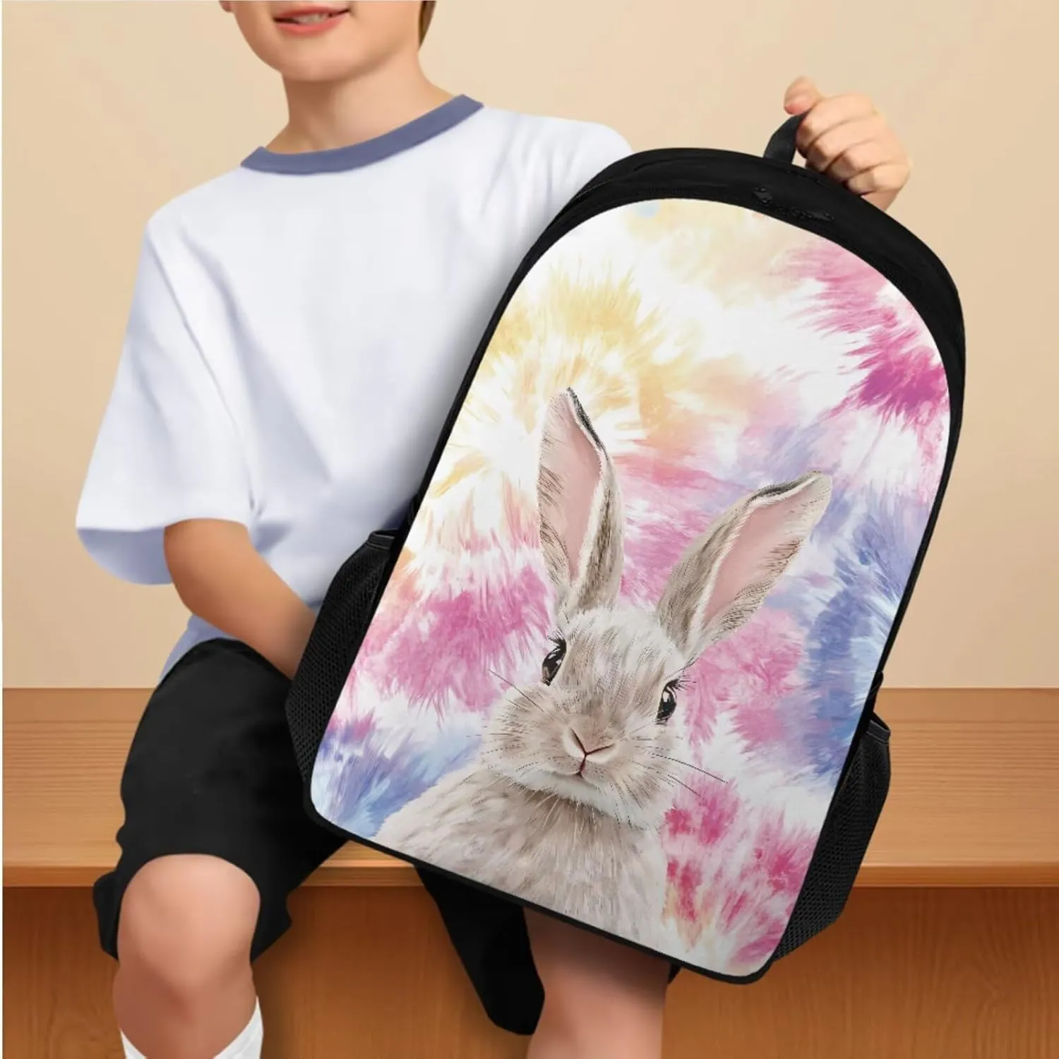 Colorful Rabbit Schoolbag Girls Elementary Backpack Girls 6Th Grade Large Capacity Shoulder Bag with Lunch Box Pencil Case Water Bottle Sleeve 4Pcs Set Bookbag for Camping Travel Sports