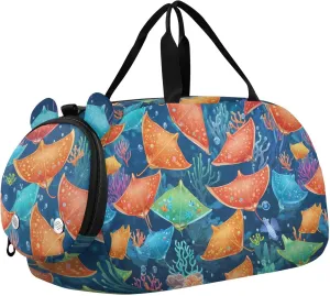 Colorful Stingray Fish and Coral Sports Duffle Bag for Teens Girls Boys, Gym Bag with Shoe Compartment, Kids Travel Overnight Weekender Shoulder Bag