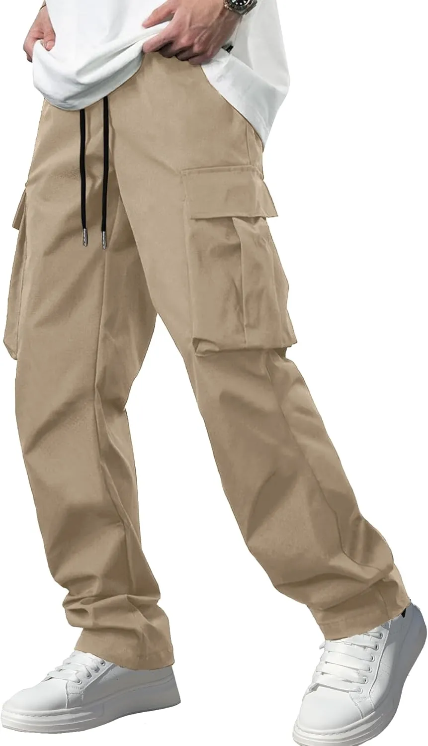 Comdecevis Men's Casual Cargo Pants Workout Joggers Stretch Sweatpants Hiking Drawstring Tactical Pants with Multi Pockets
