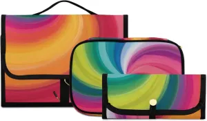 Concentric Rainbow, Spectrum Spirally Lines, Twisting Rotating lines 3 PCs Set Toiletry bags, 1 Women's Travel Cosmetic Bag, 1 Hanging Toiletry Wash Bag, 1 Brush Case, Portable Makeup Storage Case