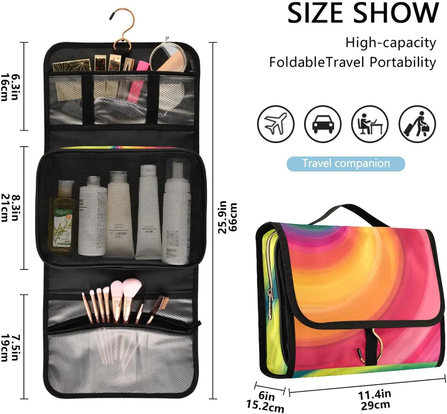 Concentric Rainbow, Spectrum Spirally Lines, Twisting Rotating lines 3 PCs Set Toiletry bags, 1 Women's Travel Cosmetic Bag, 1 Hanging Toiletry Wash Bag, 1 Brush Case, Portable Makeup Storage Case