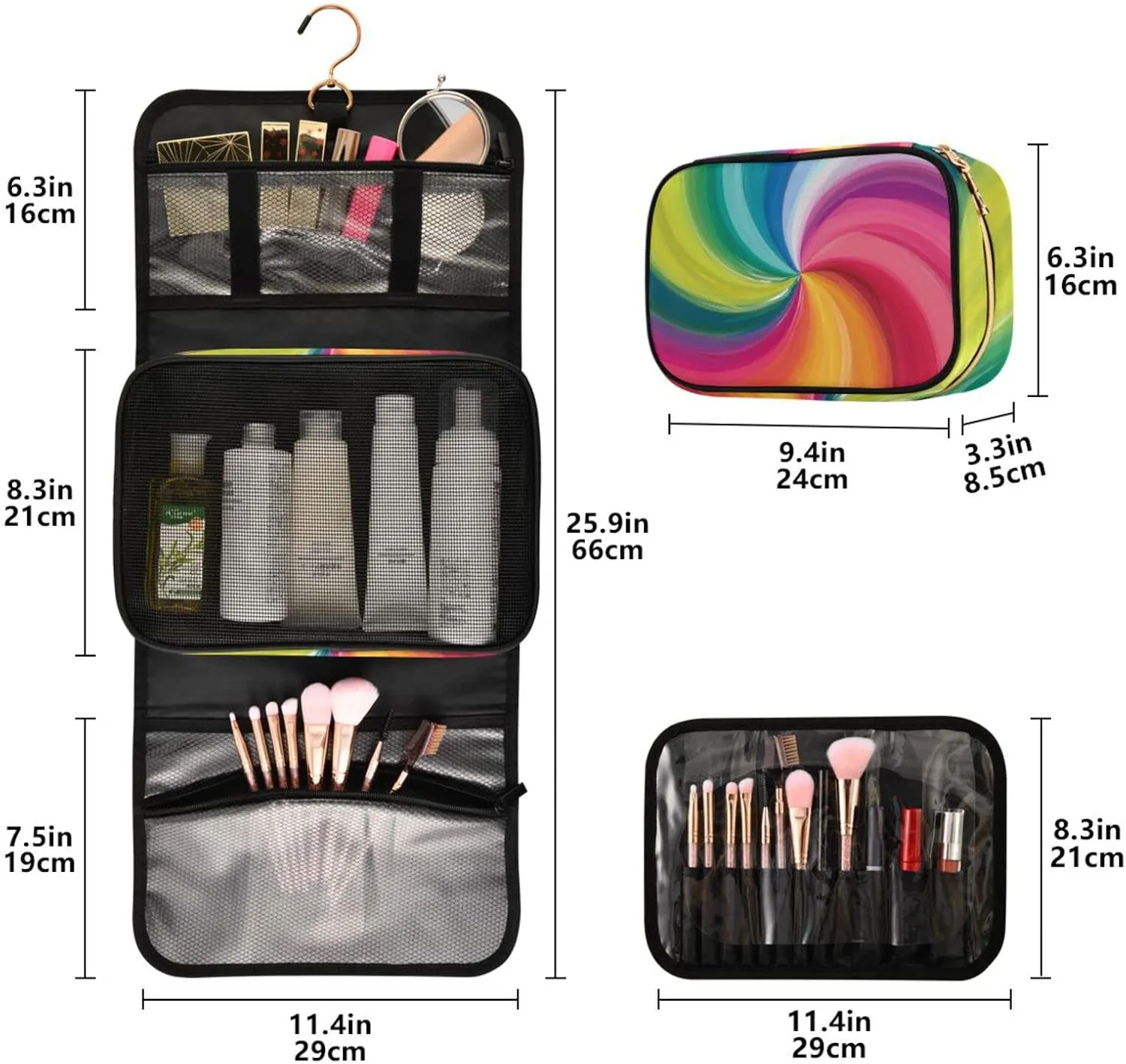 Concentric Rainbow, Spectrum Spirally Lines, Twisting Rotating lines 3 PCs Set Toiletry bags, 1 Women's Travel Cosmetic Bag, 1 Hanging Toiletry Wash Bag, 1 Brush Case, Portable Makeup Storage Case