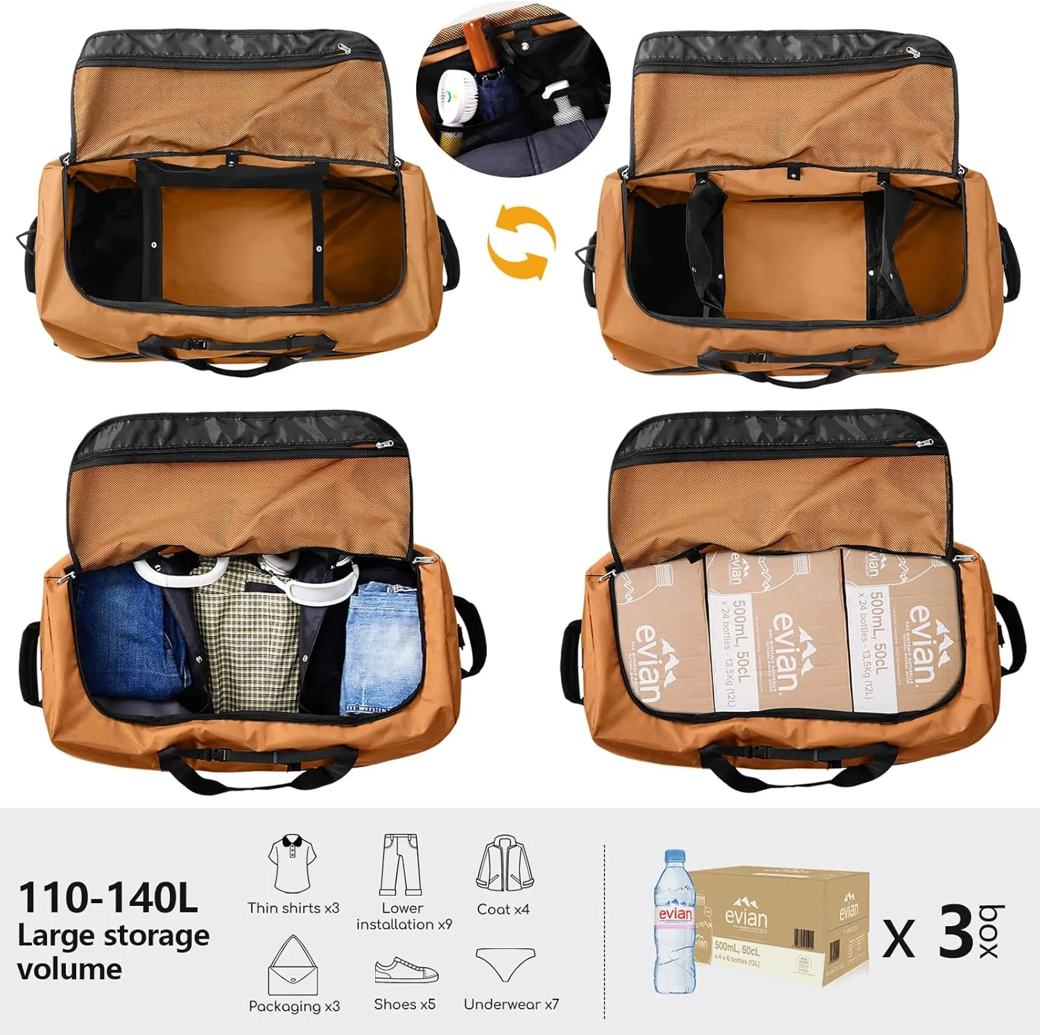 CONTAIL 32" Soft-Sided Rolling Duffle Bag with 2 Wheels,Expandable from 110L to 140L,Foldable Travel Duffel with Multiple Compartments,Brown