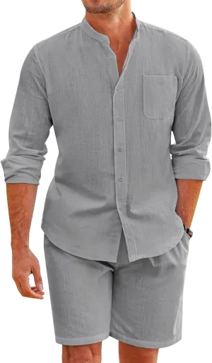 COOFANDY Linen Sets For Men 2 Piece Button Down Shirt Long Sleeve and Casual Beach Drawstring Waist Shorts Summer Outfits