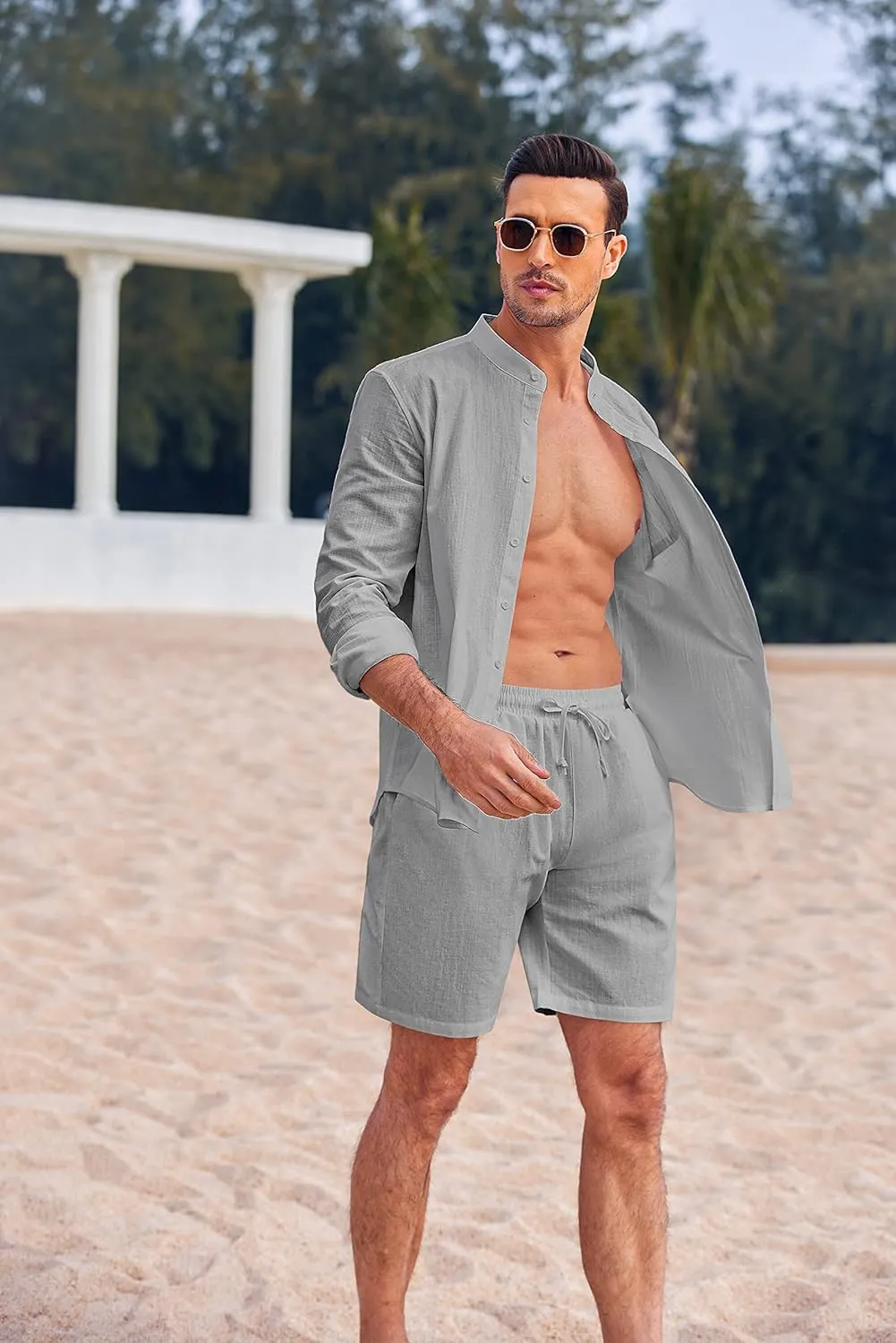 COOFANDY Linen Sets For Men 2 Piece Button Down Shirt Long Sleeve and Casual Beach Drawstring Waist Shorts Summer Outfits